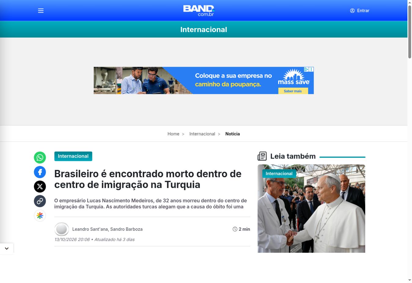 Captura da página de Band: Brasileiro é encontrado morto dentro de centro de imigração na Turquia