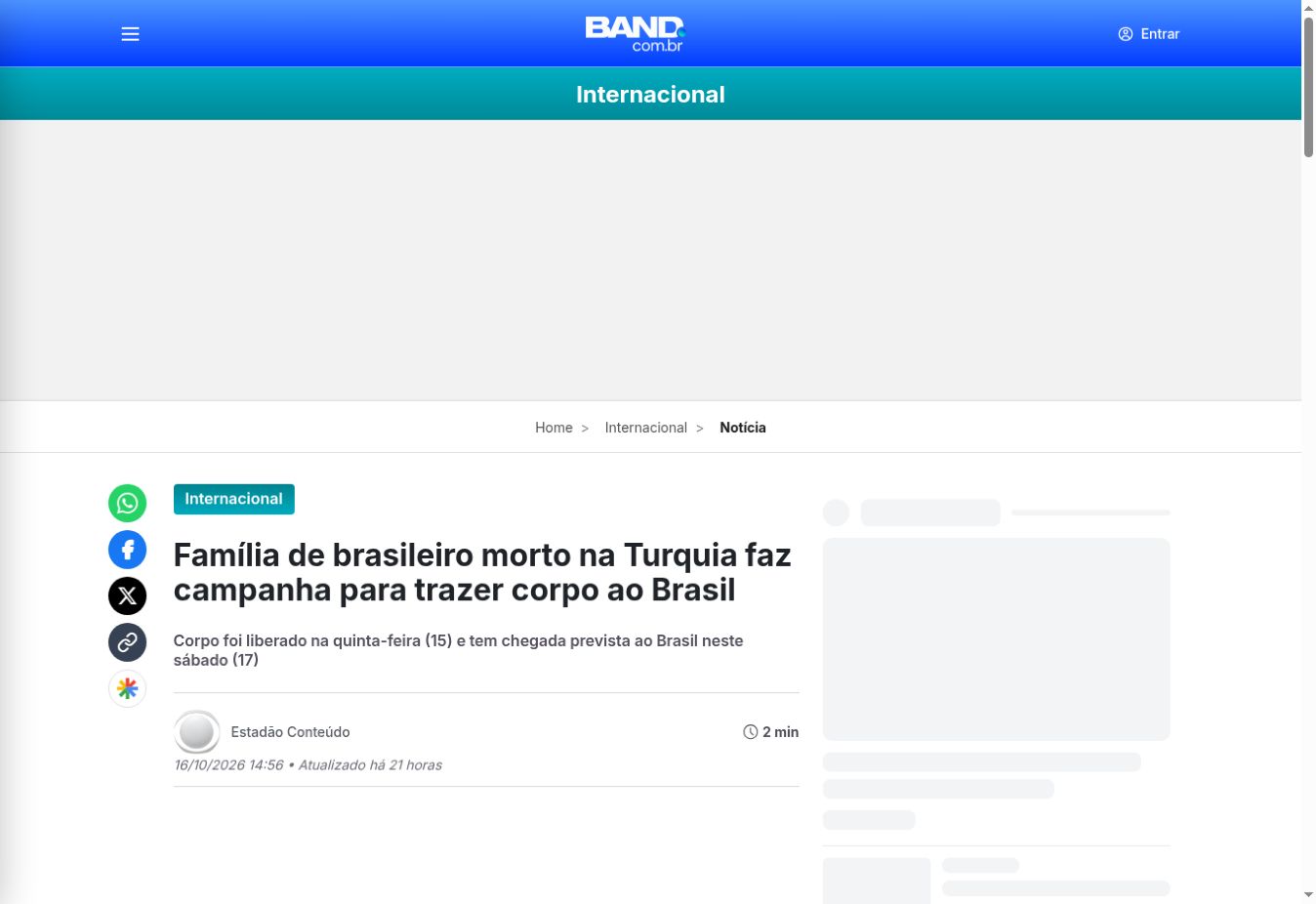 Captura da página de Band / Estadão Conteúdo: Família de brasileiro morto na Turquia faz campanha para trazer corpo ao Brasil