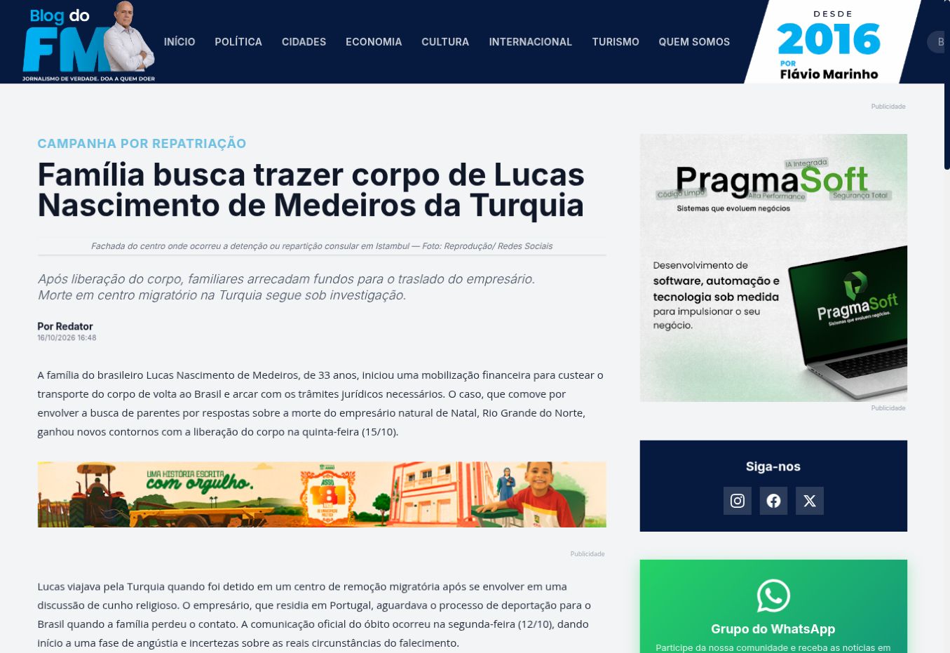 צילום העמוד של Blog do FM: Família busca trazer corpo de Lucas Nascimento de Medeiros da Turquia