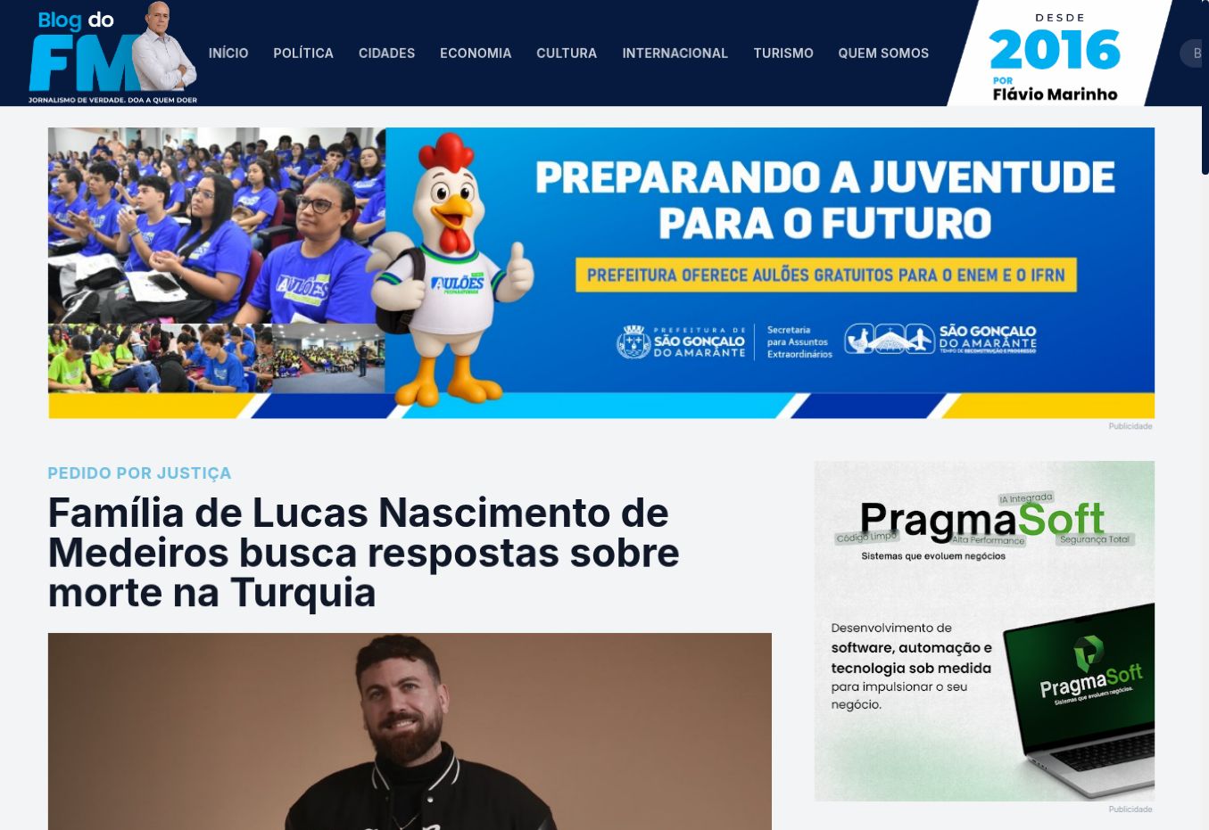 צילום העמוד של Blog do FM: Família de Lucas Nascimento de Medeiros busca respostas sobre morte na Turquia