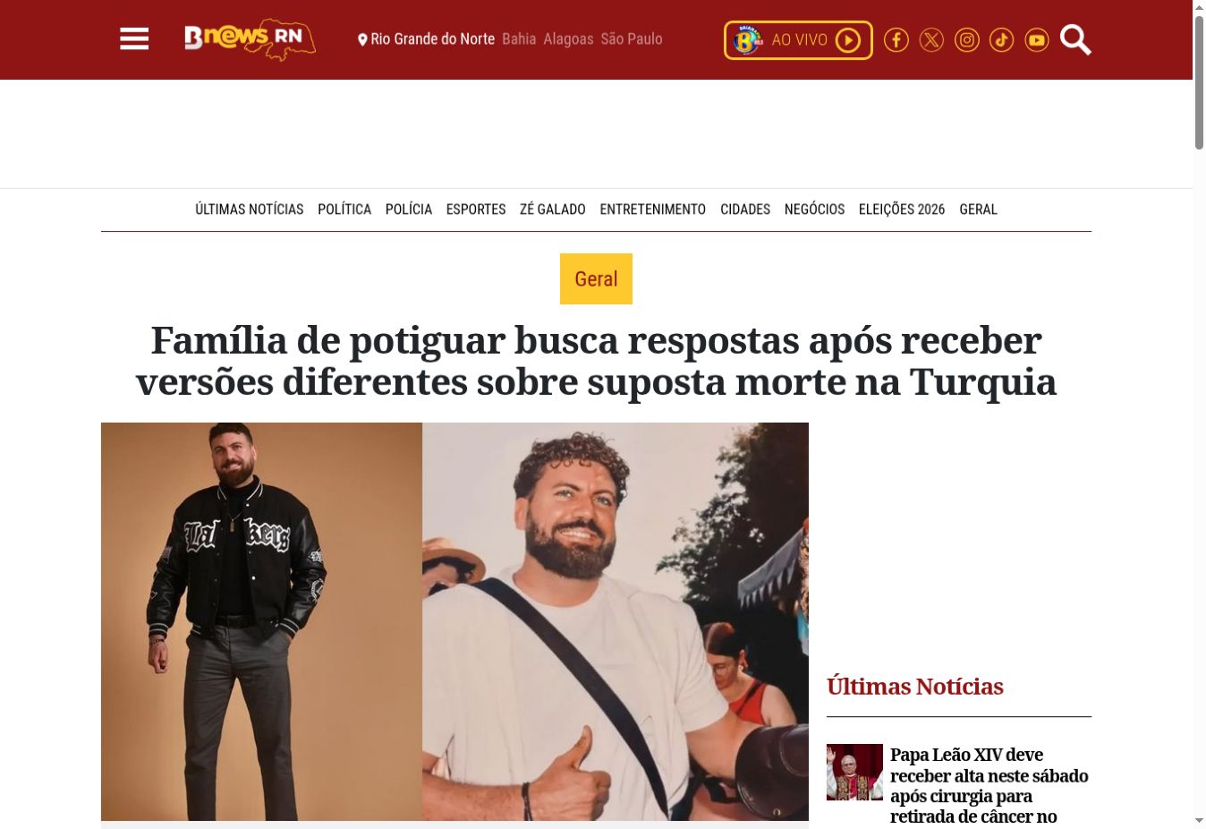 Captura da página de BNews RN: Família de potiguar busca respostas após receber versões diferentes sobre suposta morte na Turquia