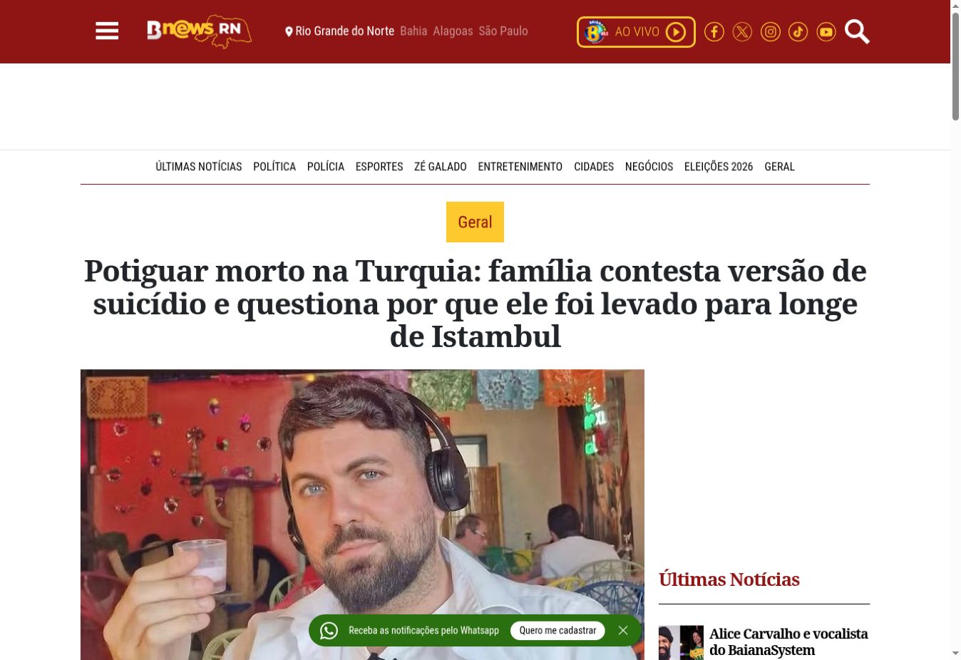 Captura da página de BNews RN: Potiguar morto na Turquia: família contesta versão de suicídio e questiona por que ele foi levado para longe de Istambul