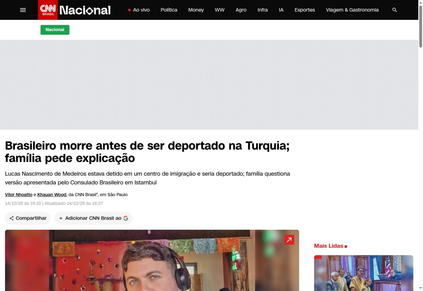 Captura da página de CNN Brasil: Brasileiro morre antes de ser deportado na Turquia; família pede explicação