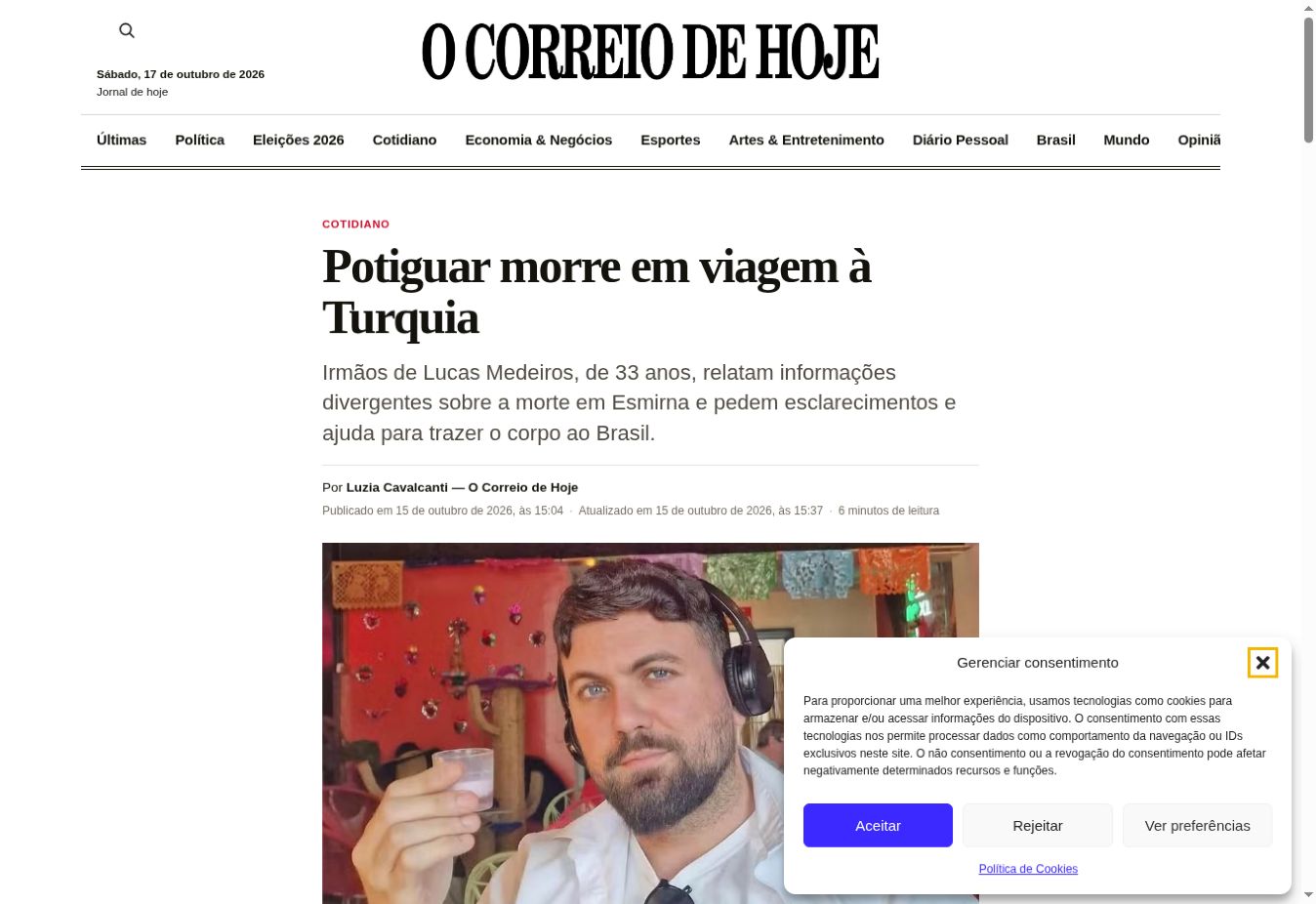 Captura da página de O Correio de Hoje: Potiguar morre em viagem à Turquia