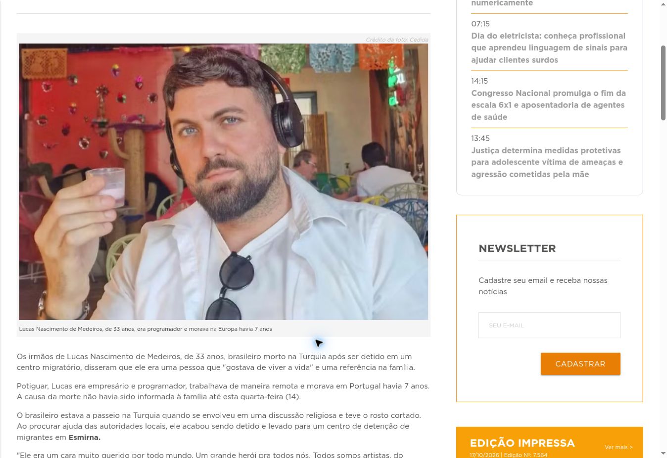 Captura da página de De Fato: Quem era o potiguar morto após ser detido para deportação na Turquia