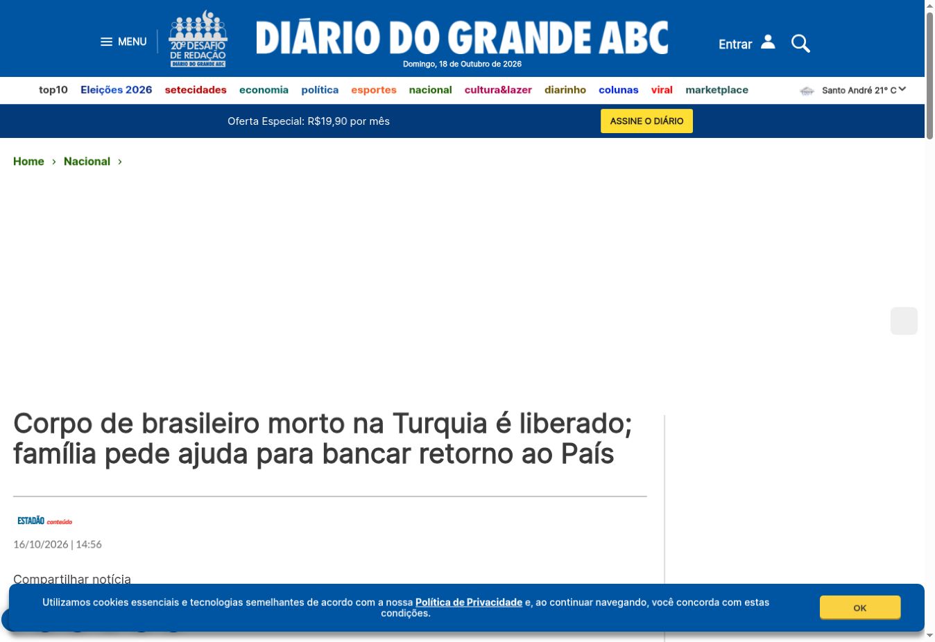 צילום העמוד של Diário do Grande ABC: Corpo de brasileiro morto na Turquia é liberado; família pede ajuda para bancar retorno ao País