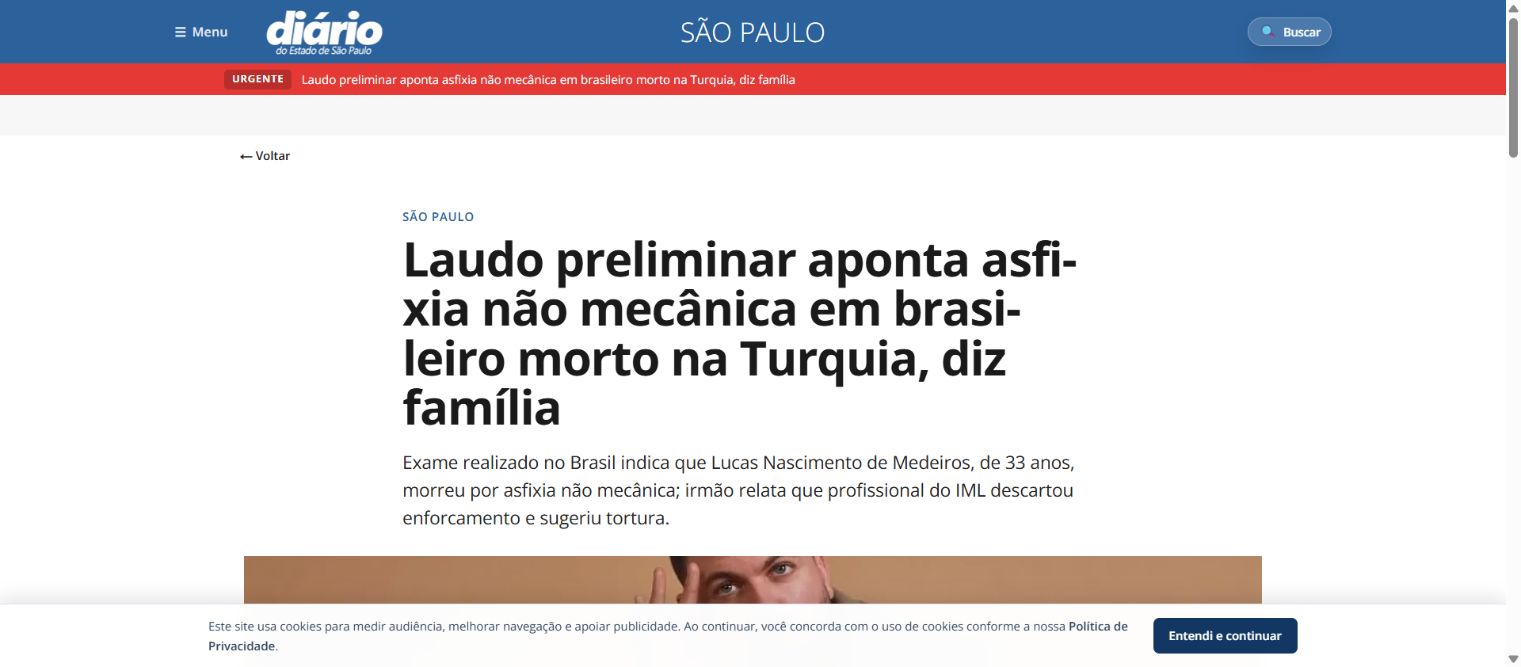 Captura da página de Diário do Estado de São Paulo: Laudo preliminar aponta asfixia não mecânica em brasileiro morto na Turquia, diz família