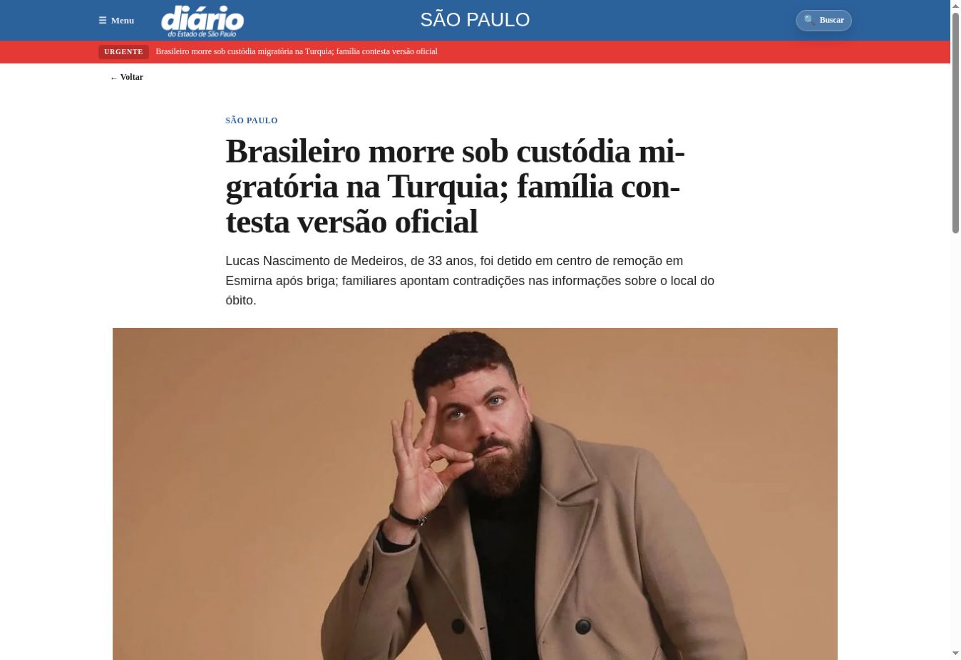 צילום העמוד של Diário do Estado de São Paulo: Brasileiro morre sob custódia migratória na Turquia; família contesta versão oficial