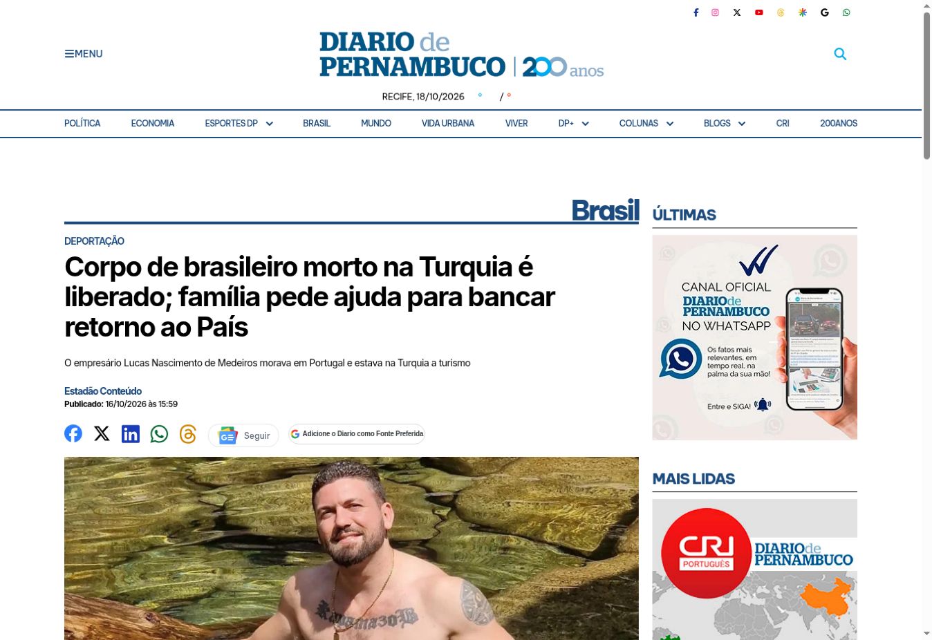 צילום העמוד של Diario de Pernambuco / Estadão Conteúdo: Corpo de brasileiro morto na Turquia é liberado; família pede ajuda para bancar retorno ao País