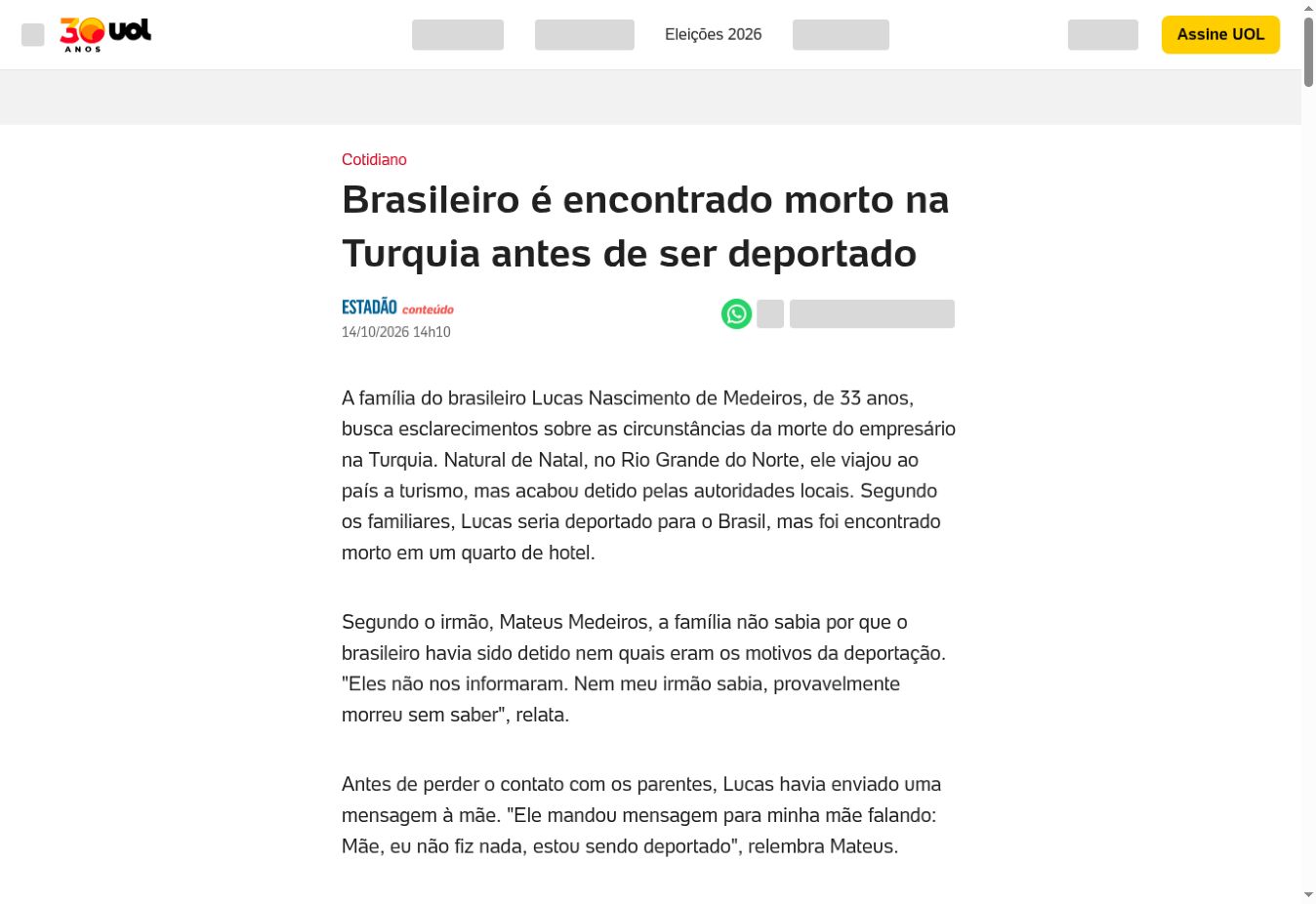 Captura da página de Estadão Conteúdo / UOL: Brasileiro é encontrado morto na Turquia antes de ser deportado