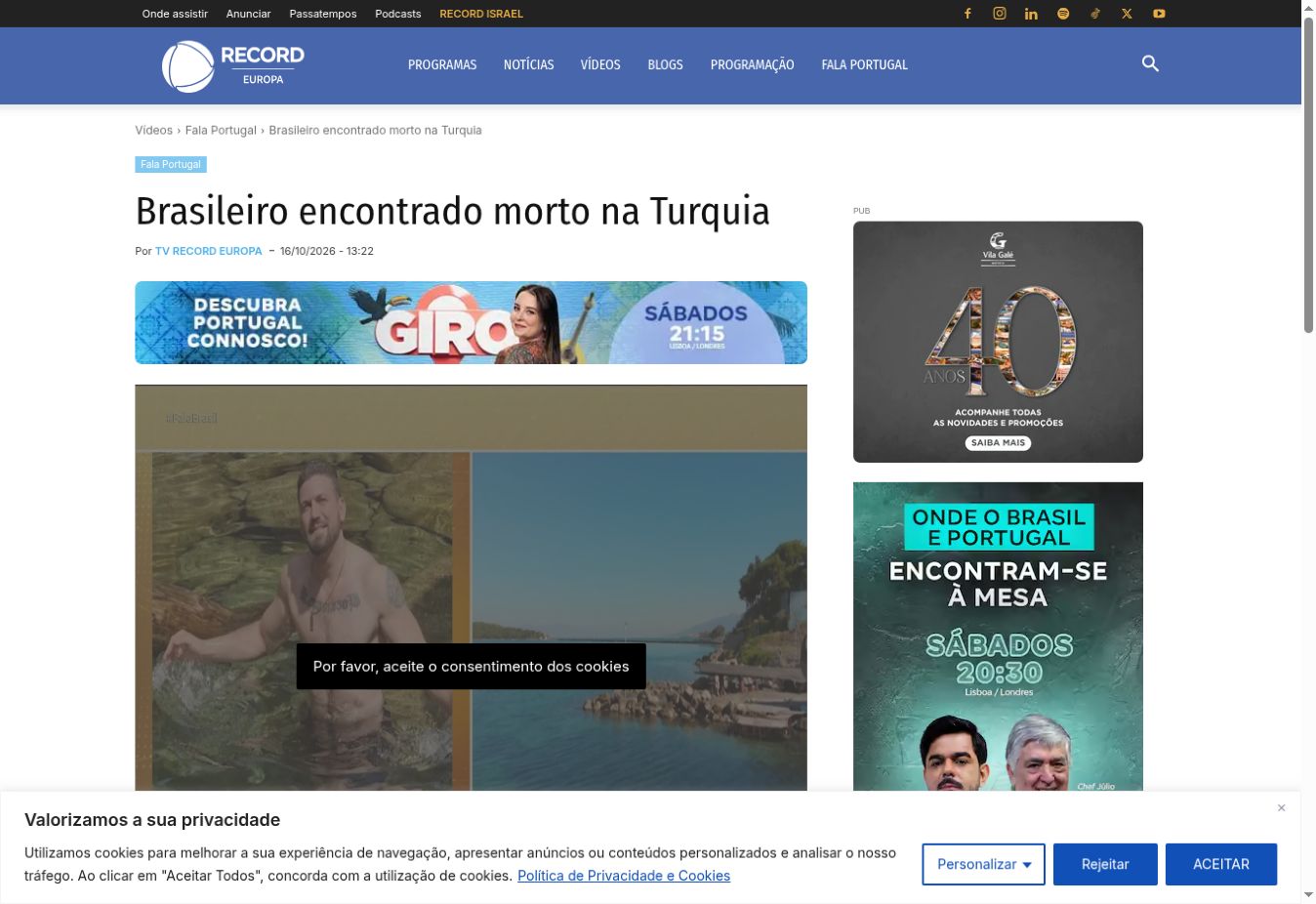 Captura da página de TV Record Europa / Fala Portugal: Brasileiro encontrado morto na Turquia