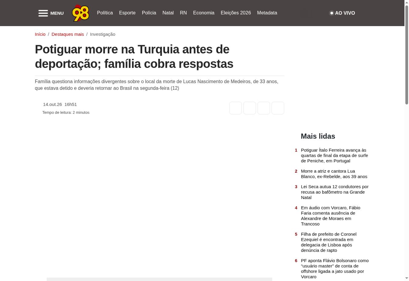 צילום העמוד של 98 FM Natal: Potiguar morre na Turquia antes de deportação; família cobra respostas