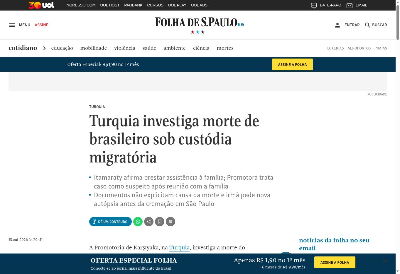 Captura da página de Folha de S.Paulo: Turquia investiga morte de brasileiro sob custódia migratória