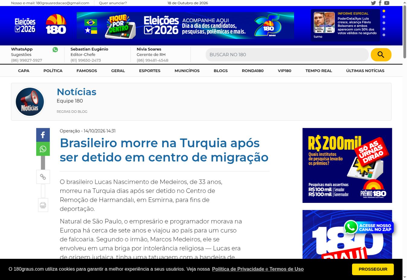 צילום העמוד של 180graus: Brasileiro morre na Turquia após ser detido em centro de migração