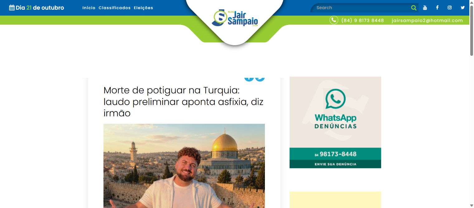 Captura da página de Blog Jair Sampaio: Morte de potiguar na Turquia: laudo preliminar aponta asfixia, diz irmão