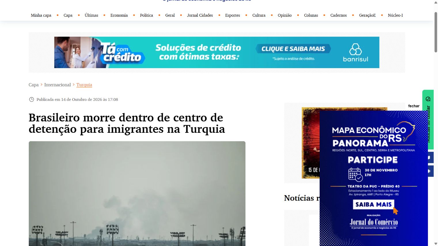 Captura da página de Jornal do Comércio: Brasileiro morre dentro de centro de detenção para imigrantes na Turquia
