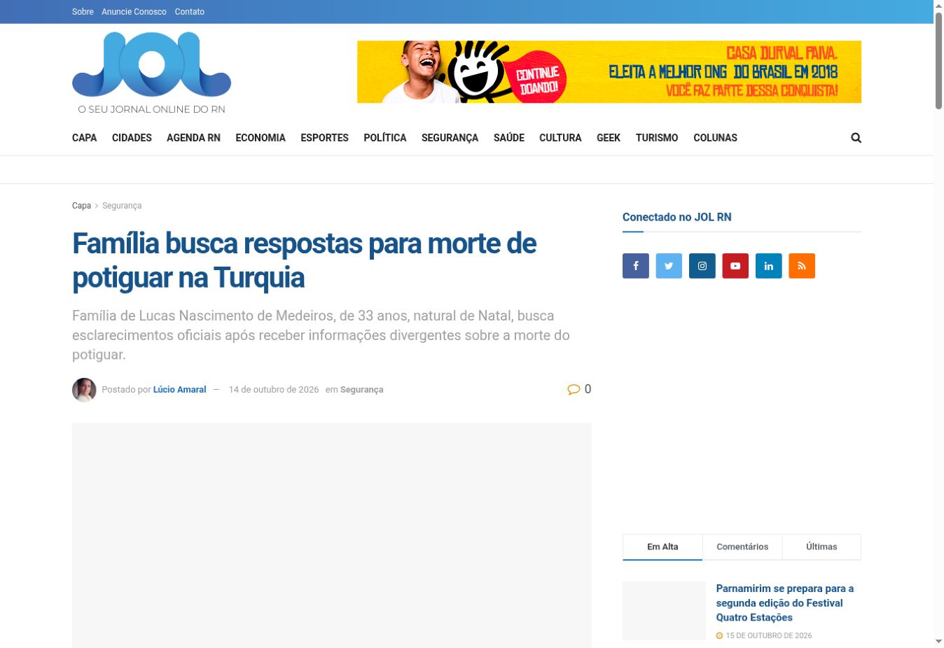 Captura da página de JOLRN: Família busca respostas para morte de potiguar na Turquia