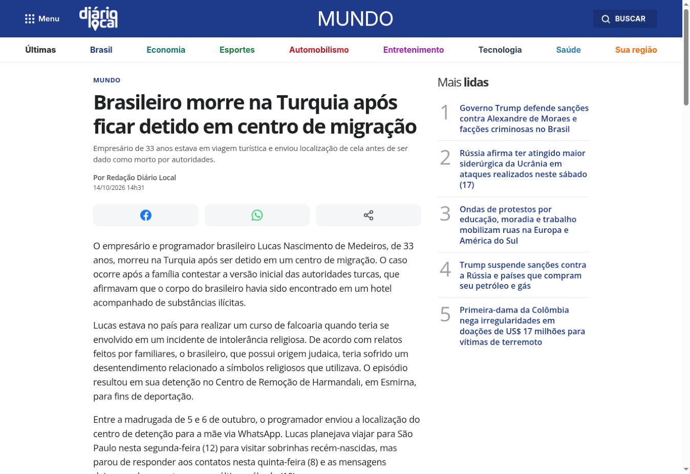 צילום העמוד של Diário Local: Brasileiro morre na Turquia após ficar detido em centro de migração