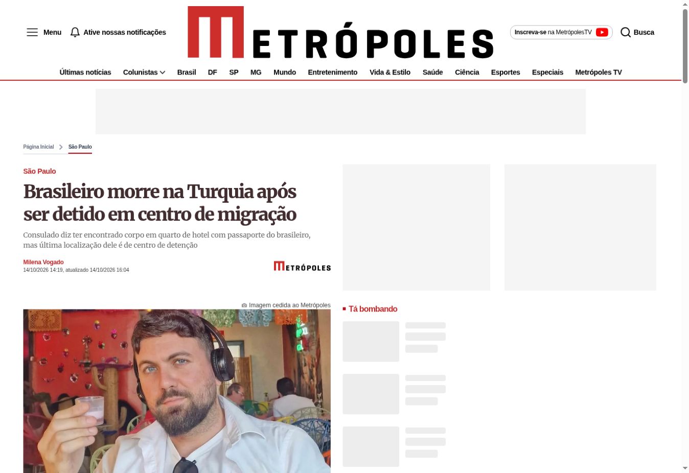 Captura da página de Metrópoles: Brasileiro morre na Turquia após ser detido em centro de migração