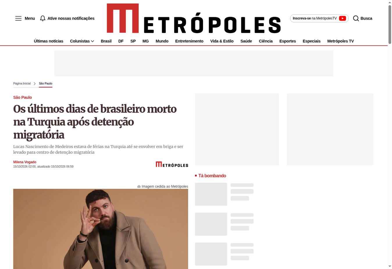 Captura da página de Metrópoles: Os últimos dias de brasileiro morto na Turquia após detenção migratória