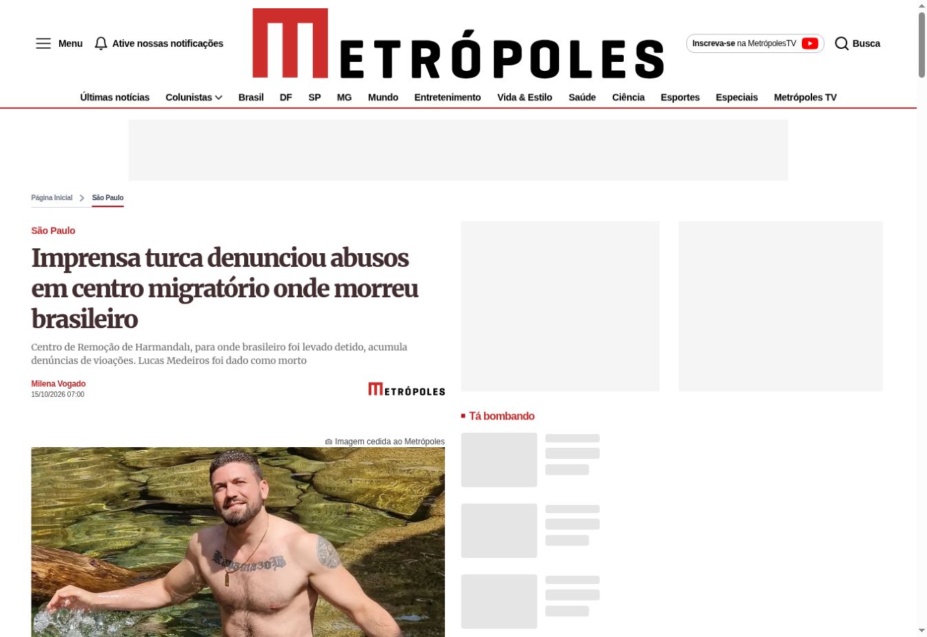 Captura da página de Metrópoles: Imprensa turca denunciou abusos em centro migratório onde morreu brasileiro