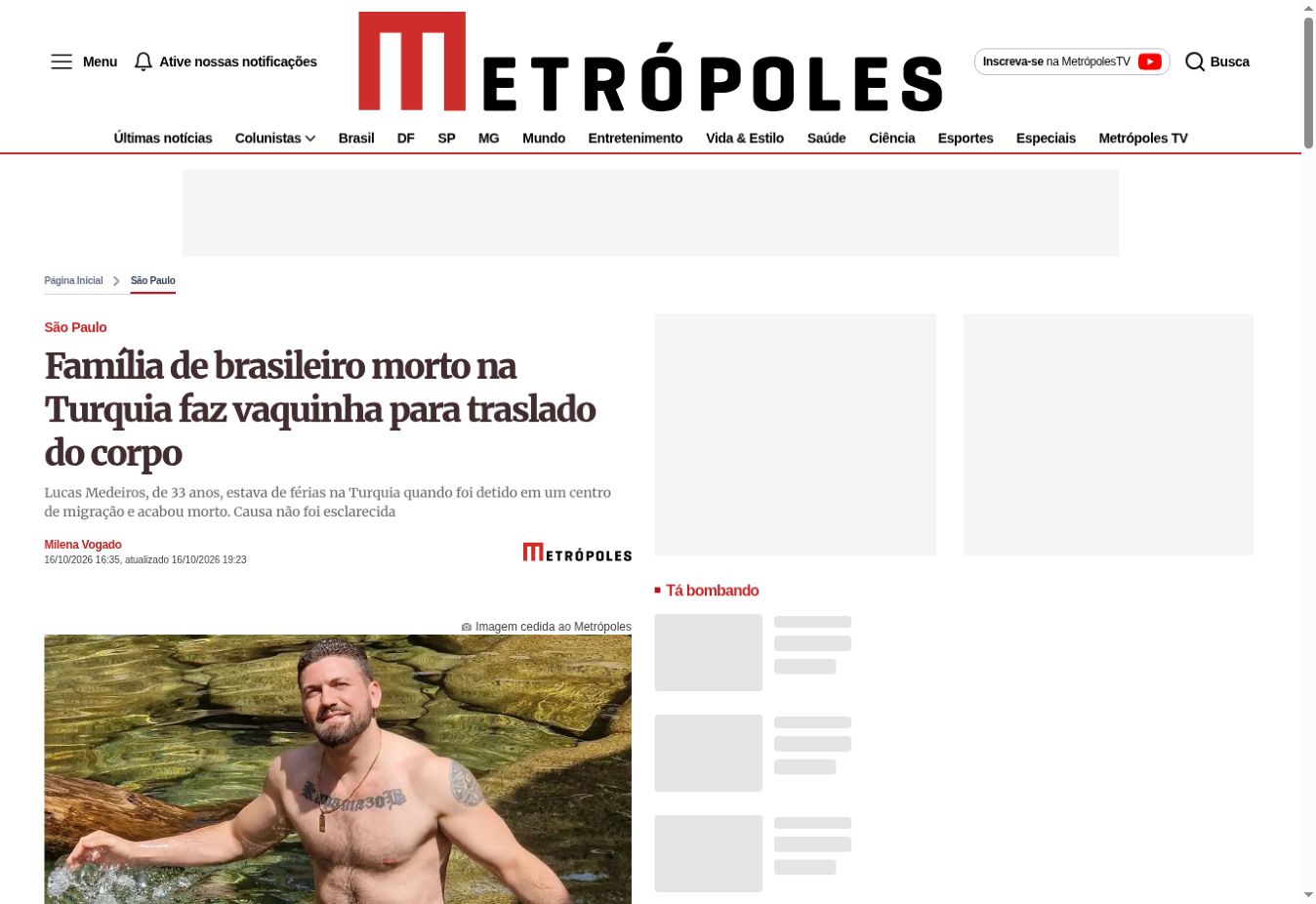 Captura da página de Metrópoles: Família de brasileiro morto na Turquia faz vaquinha para traslado do corpo