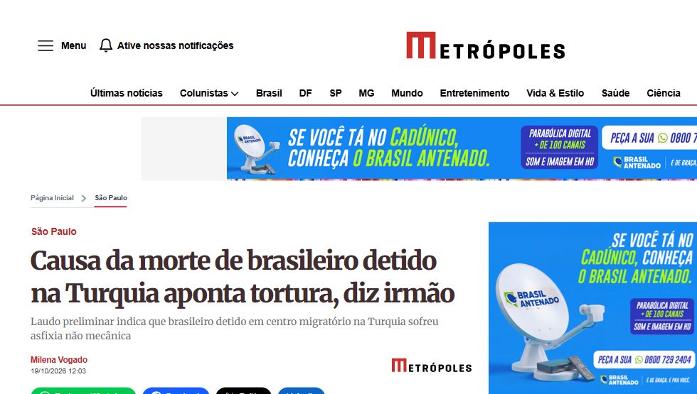 Seitenaufnahme von Metrópoles: Causa da morte de brasileiro detido na Turquia aponta tortura, diz irmão