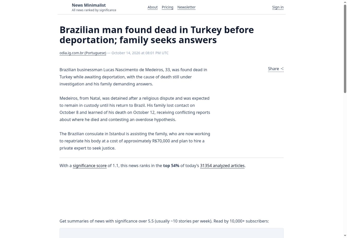 Captura da página de News Minimalist / O Dia: Brazilian man found dead in Turkey before deportation; family seeks answers