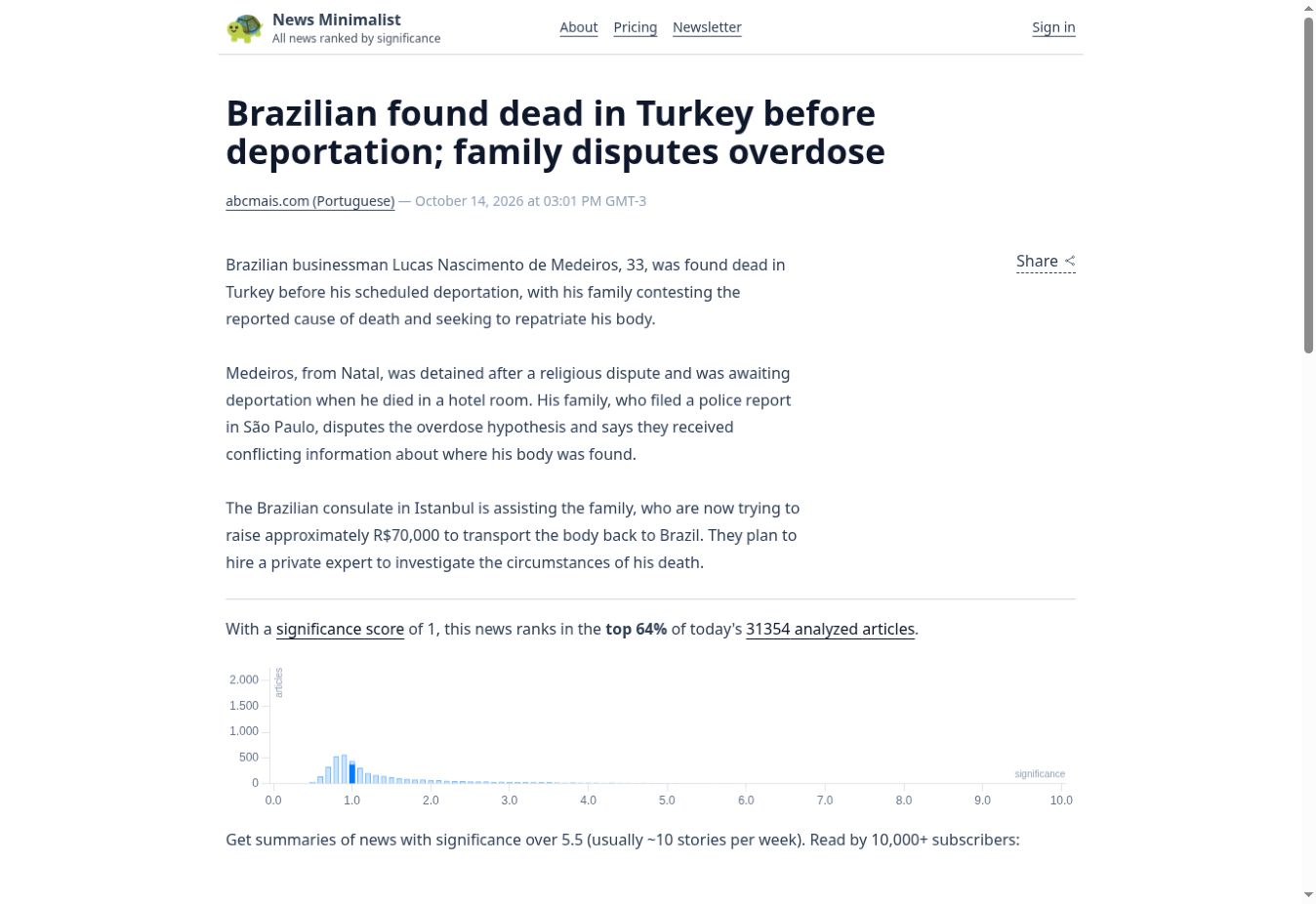 Captura da página de News Minimalist / ABC Mais: Brazilian found dead in Turkey before deportation; family disputes overdose