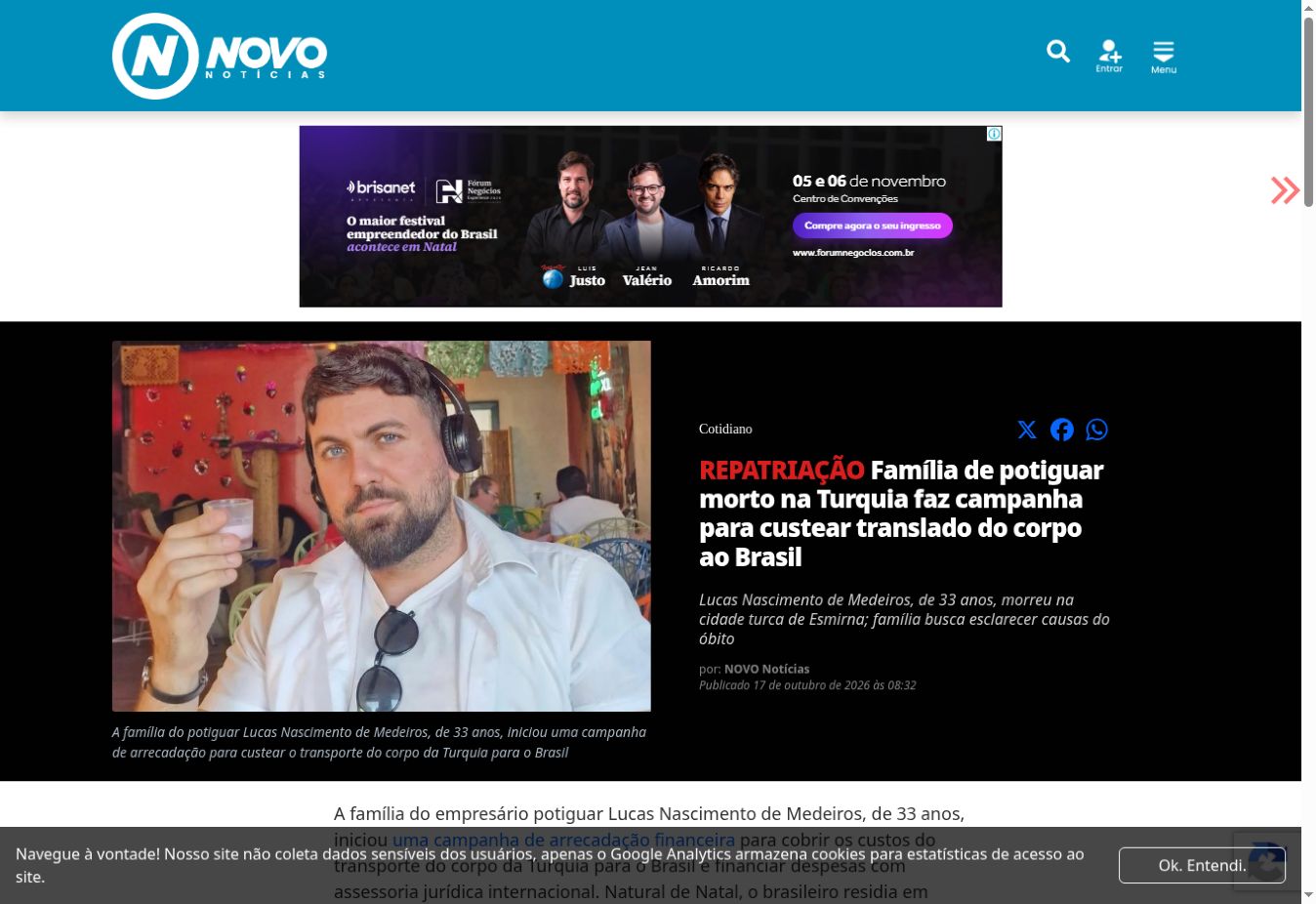 Captura da página de NOVO Notícias: Família de potiguar morto na Turquia faz campanha para custear translado do corpo ao Brasil