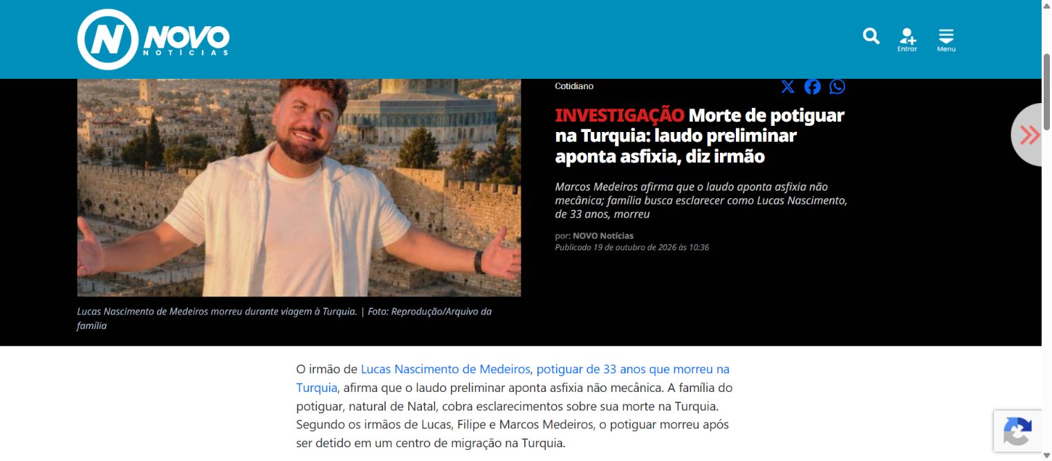Captura da página de NOVO Notícias: Morte de potiguar na Turquia: laudo preliminar aponta asfixia, diz irmão