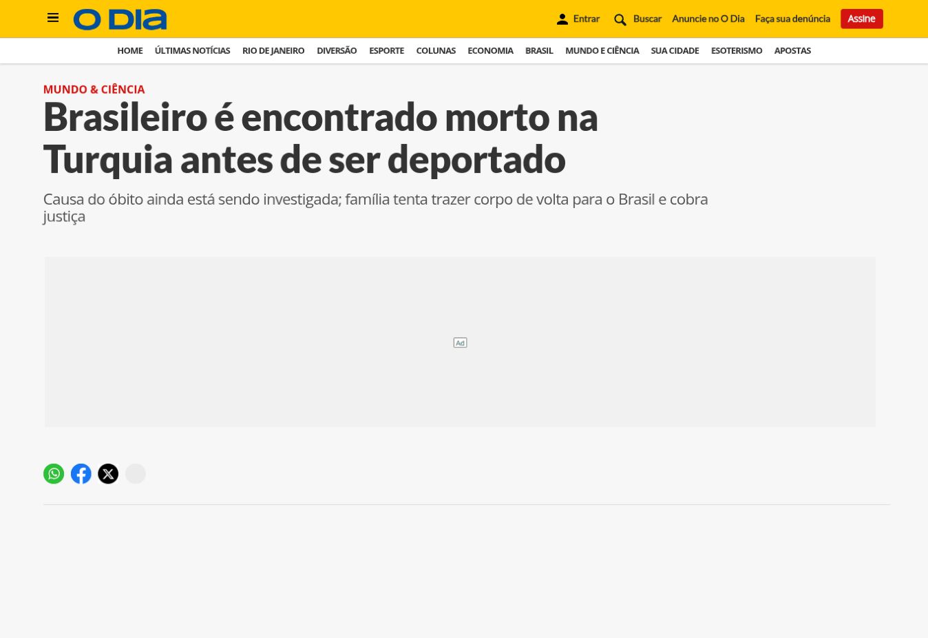 צילום העמוד של O Dia / Estadão Conteúdo: Brasileiro é encontrado morto na Turquia antes de ser deportado