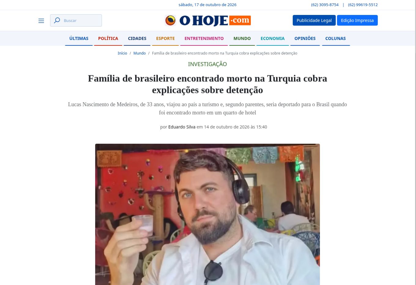 Captura da página de O Hoje: Família de brasileiro encontrado morto na Turquia cobra explicações sobre detenção