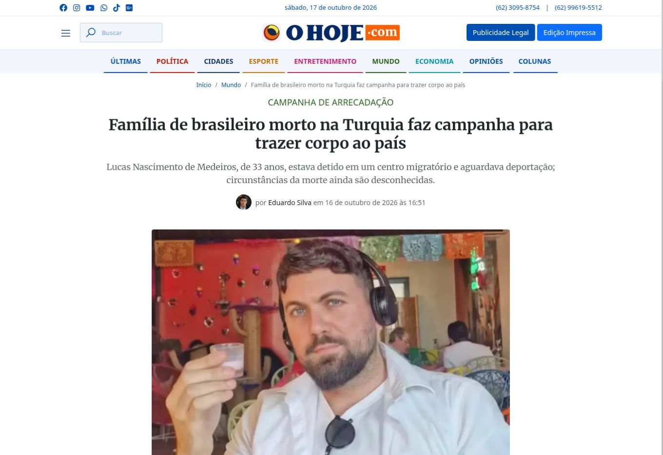Captura da página de O Hoje: Família de brasileiro morto na Turquia faz campanha para trazer corpo ao país