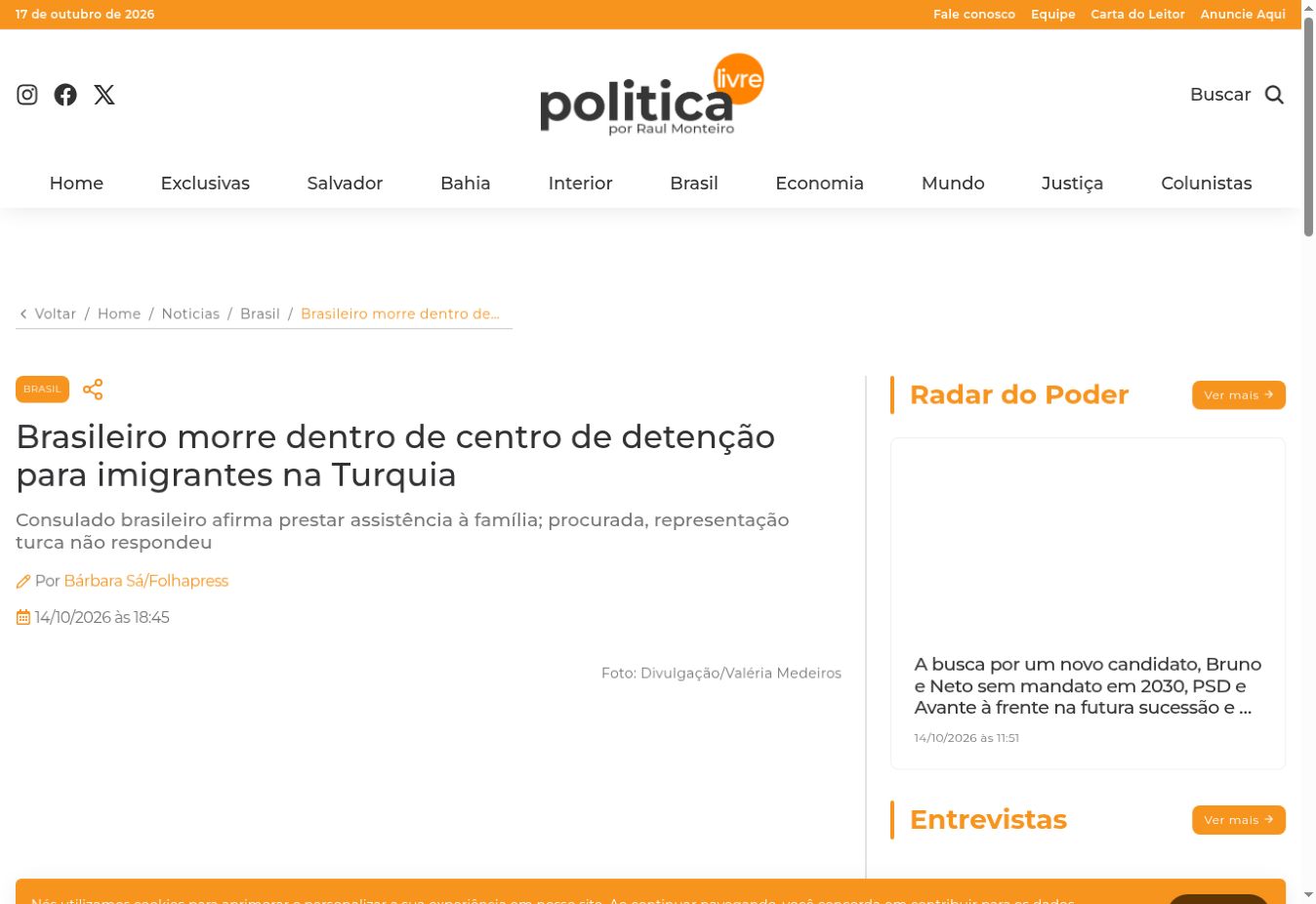 Captura da página de Política Livre / Folhapress: Brasileiro morre dentro de centro de detenção para imigrantes na Turquia