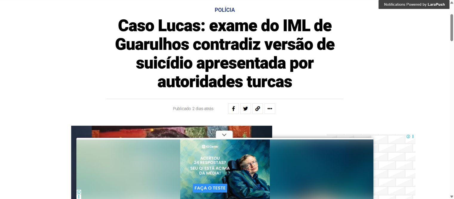 Captura da página de Ponta Negra News: Caso Lucas: exame do IML de Guarulhos contradiz versão de suicídio apresentada por autoridades turcas