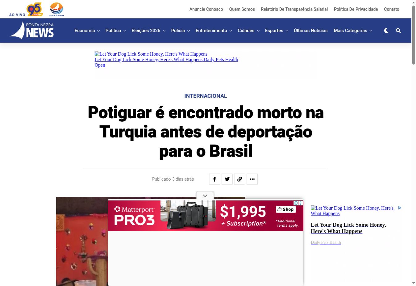 Captura da página de Ponta Negra News: Potiguar é encontrado morto na Turquia antes de deportação para o Brasil