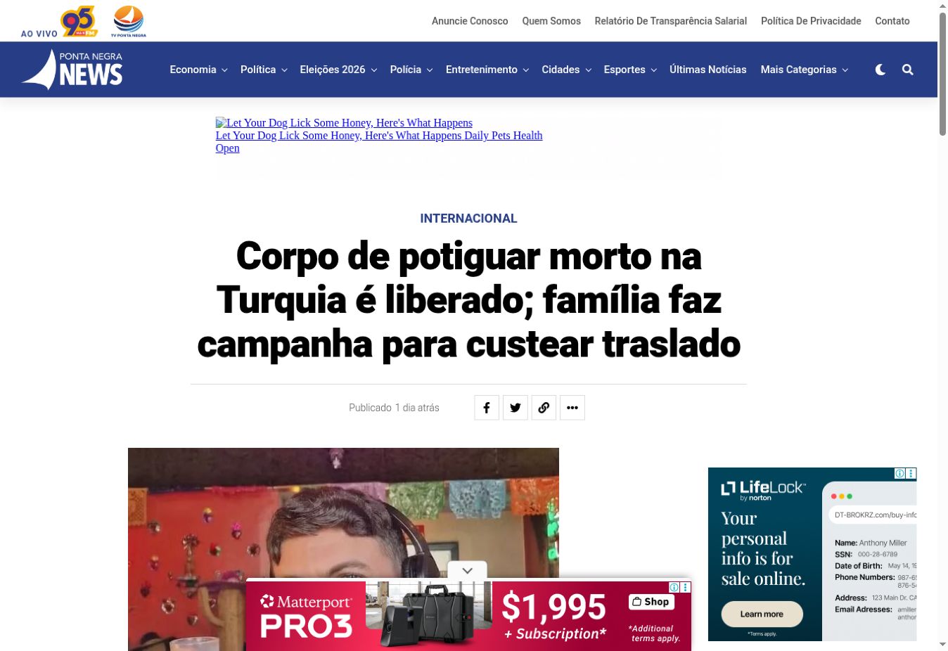 Captura da página de Ponta Negra News: Corpo de potiguar morto na Turquia é liberado; família faz campanha para custear traslado