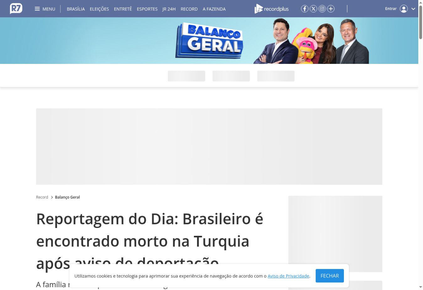 Captura da página de Record / R7: Reportagem do Dia: Brasileiro é encontrado morto na Turquia após aviso de deportação