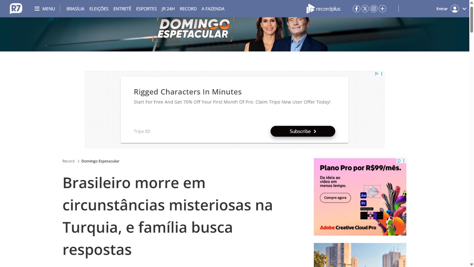 Captura da página de Record / Domingo Espetacular: Brasileiro morre em circunstâncias misteriosas na Turquia, e família busca respostas