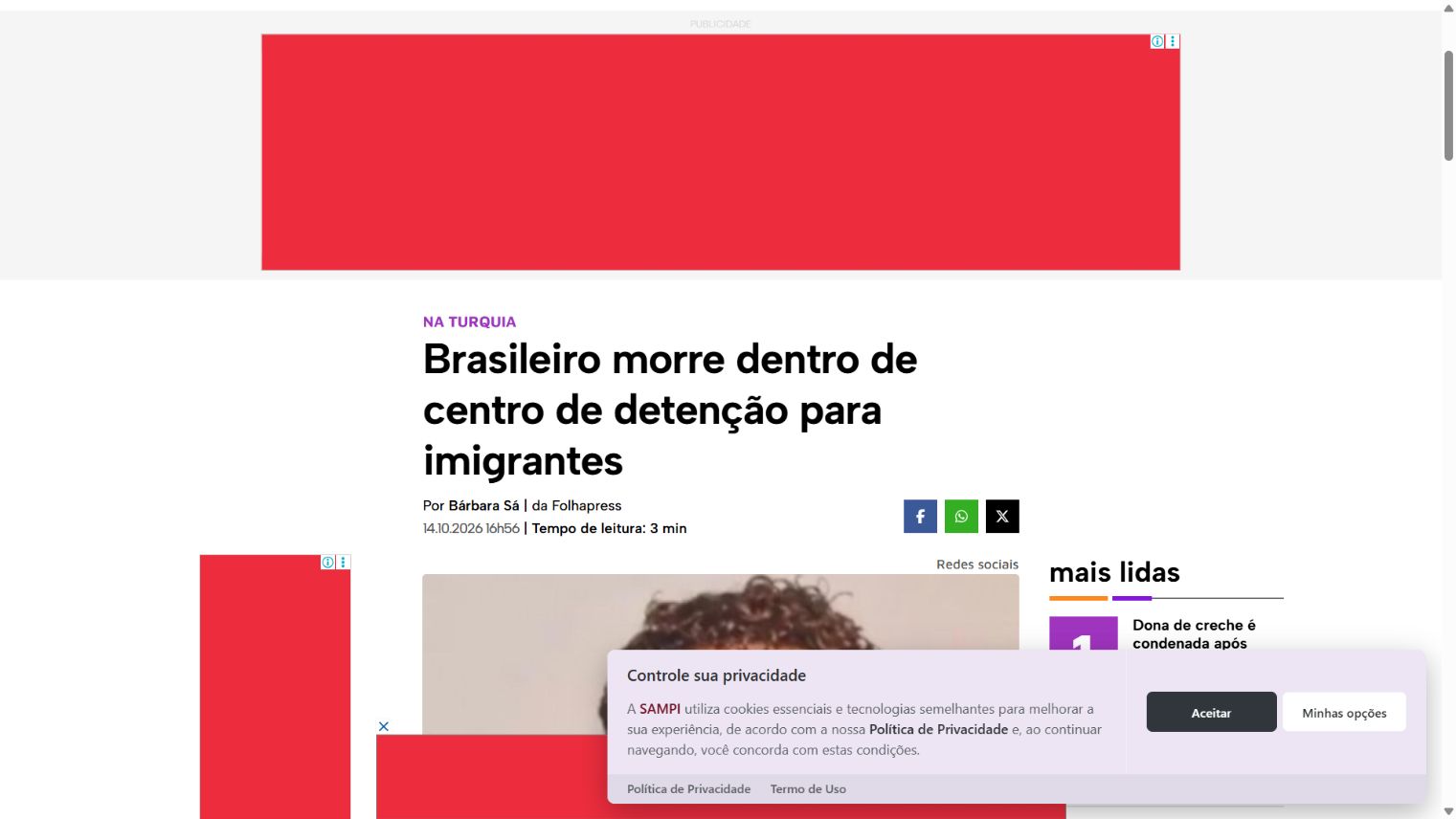 Captura da página de Sampi / Folhapress: Brasileiro morre dentro de centro de detenção para imigrantes