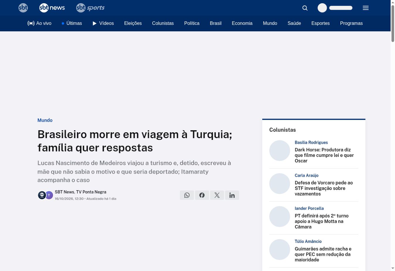 Captura da página de SBT News: Brasileiro morre em viagem à Turquia; família quer respostas