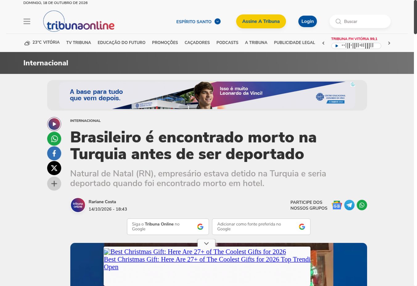 צילום העמוד של Tribuna Online: Brasileiro é encontrado morto na Turquia antes de ser deportado