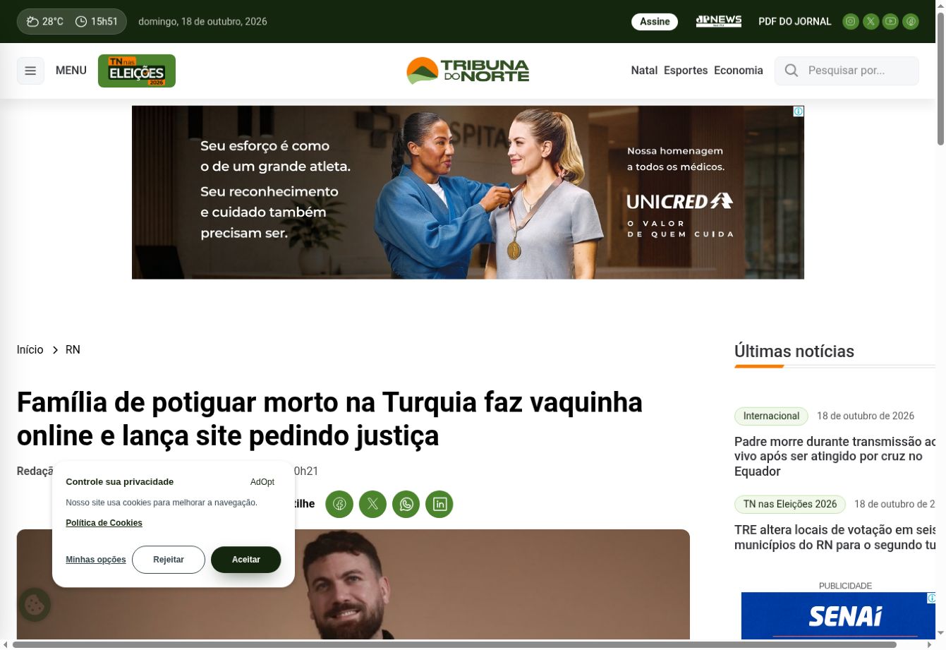 צילום העמוד של Tribuna do Norte: Família de potiguar morto na Turquia faz vaquinha online e lança site pedindo justiça