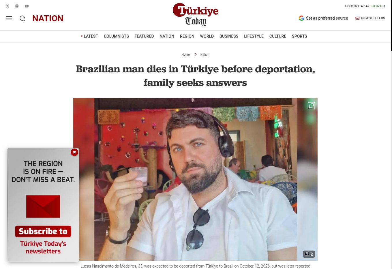 Captura da página de Türkiye Today: Brazilian man dies in Türkiye before deportation, family seeks answers