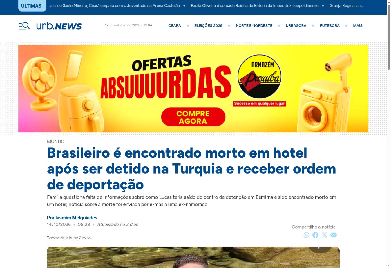 Captura da página de URB News: Brasileiro é encontrado morto em hotel após ser detido na Turquia e receber ordem de deportação