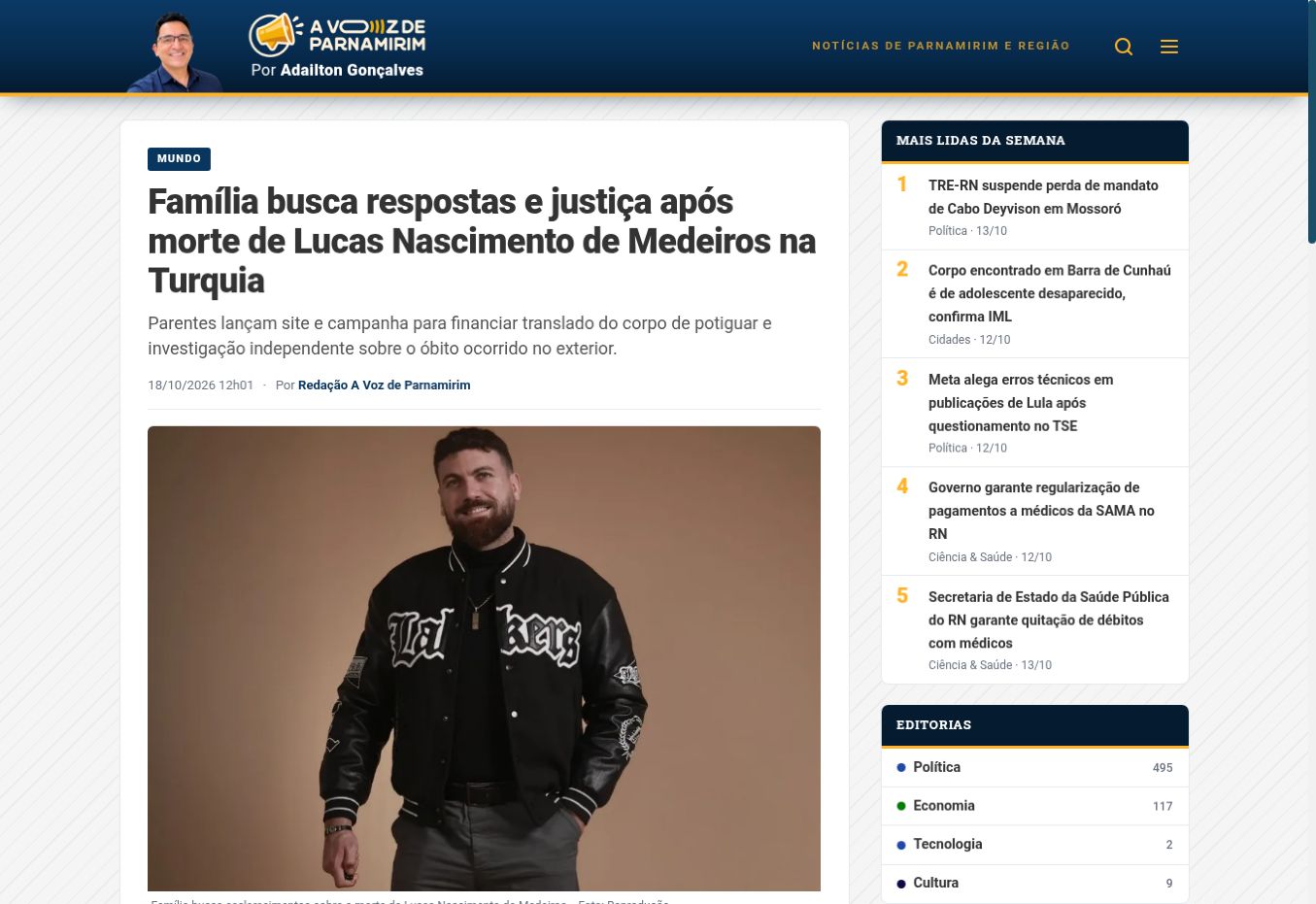 צילום העמוד של A Voz de Parnamirim: Família busca respostas e justiça após morte de Lucas Nascimento de Medeiros na Turquia